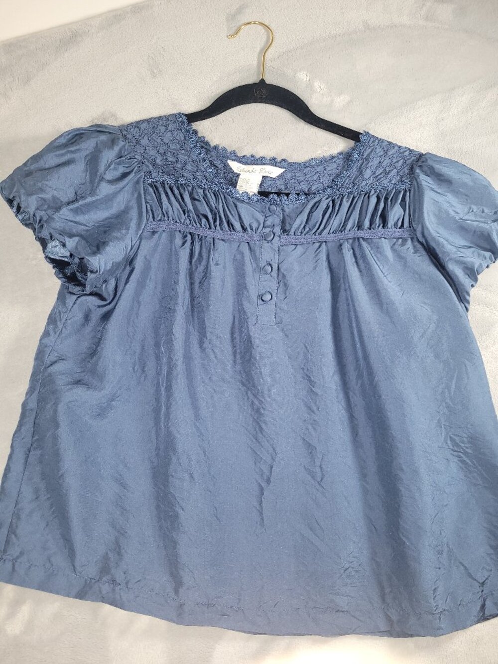 Eduardo Blanco Blue Top Size S 100% Silk Embroidered Popover Blouse Short Sleeve